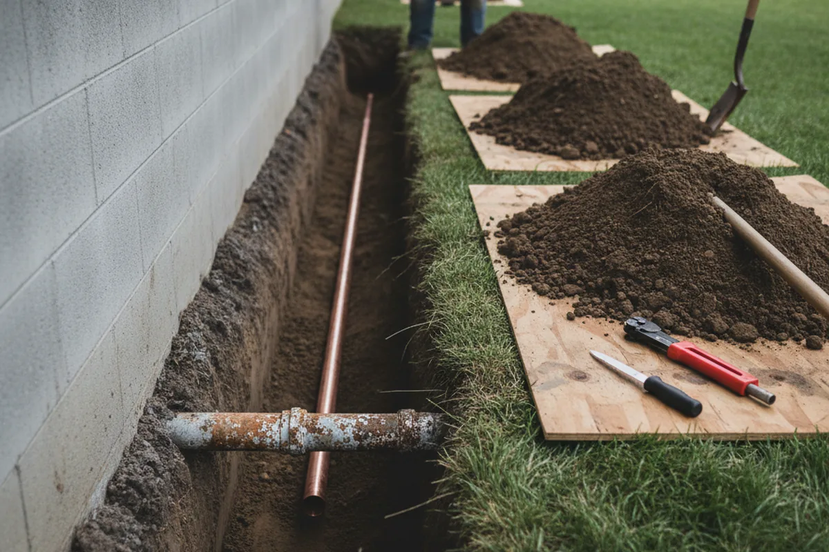 Excavated water line trench during Sewer Line Repair in Alviso